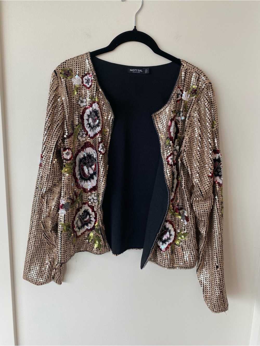 Nasty Gal Gold Sequin Floral Embroidered Open Cardigan